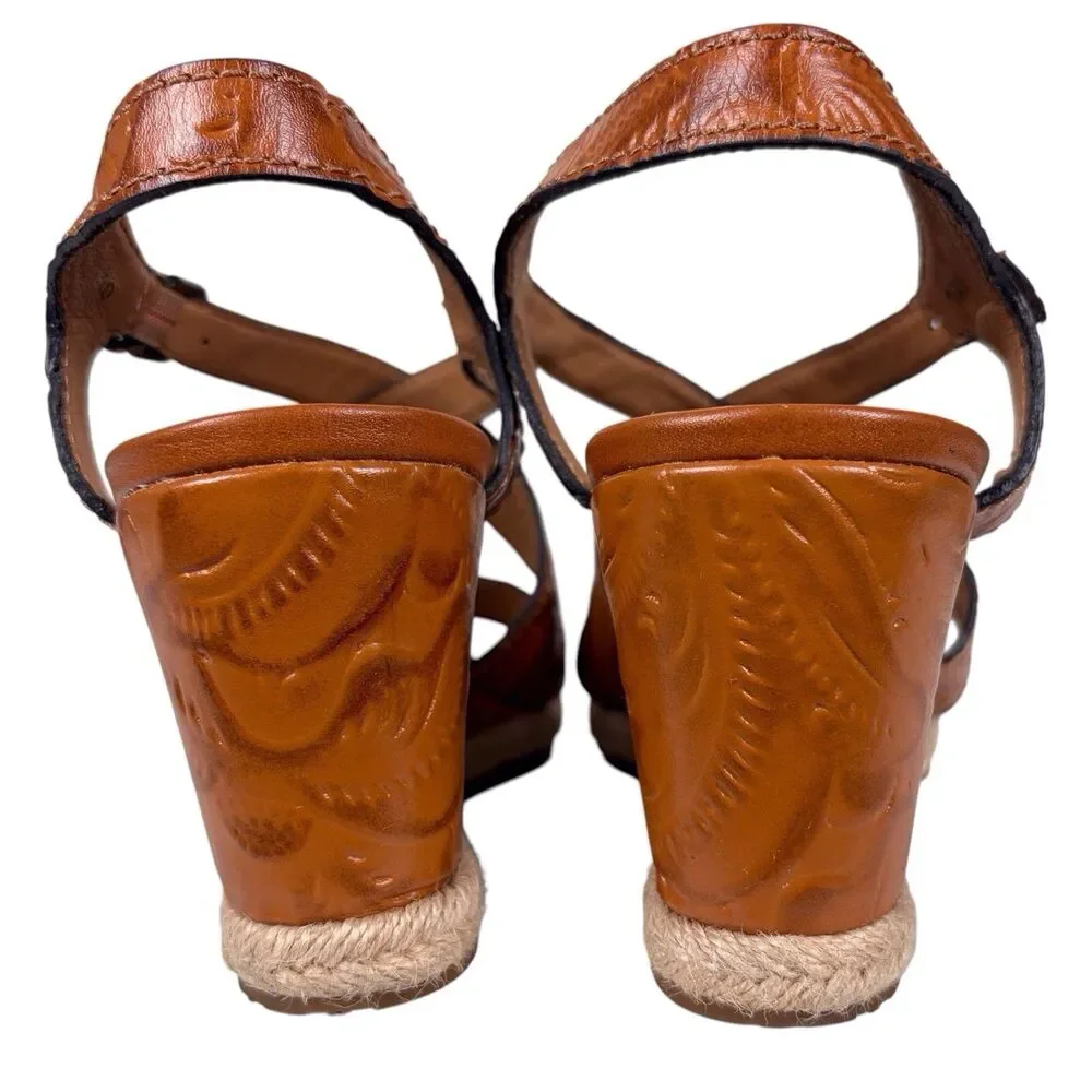 Patricia Nash Rafa Tooled Leather Espadrille Wedge Sandals Whiskey Size 10